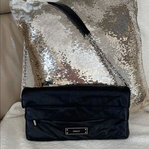 DKNY Elegant Black Leather Foldable Clutch w/Silver Chain